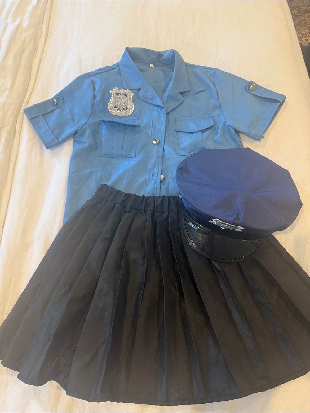 Kids Police Costume Set - Blue Shirt, Black Skirt & Navy Hat